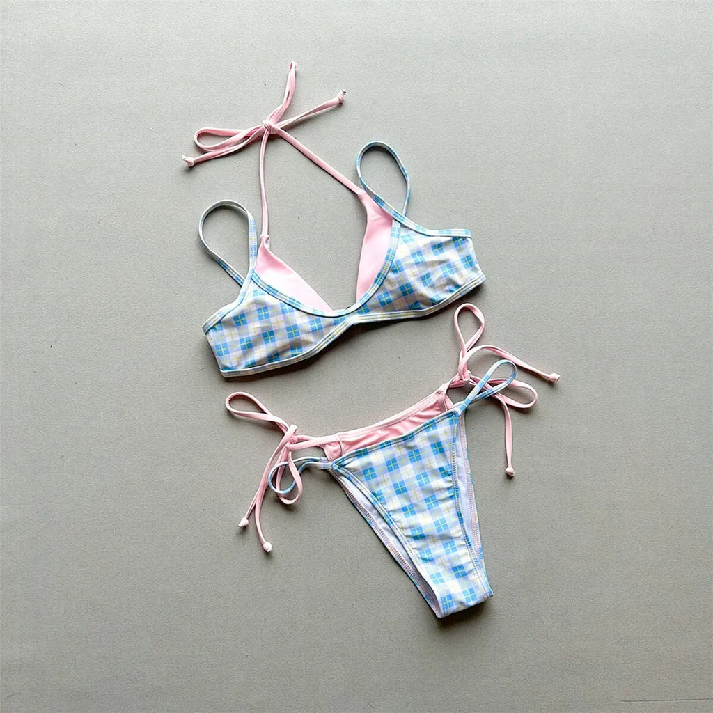Halter Bikini Set in Plaid and Polka Dots