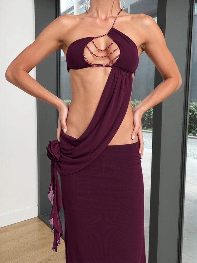 Pearl Chain Halter Backless Bodycon Dress With Patchwork Flowers