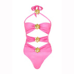 Off Shoulder Patchwork Belted One Piece Swimsuit With Cover Up for Beachside