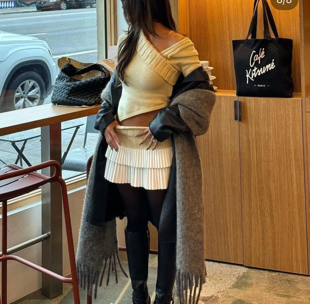 Knit Color Block Mini Skirt High Waisted Pleated