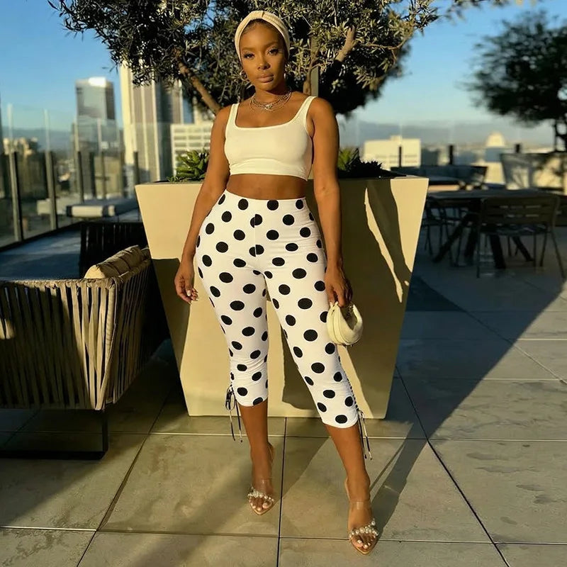 Polka Dot Patchwork Capri Pants With Drawstring Waist