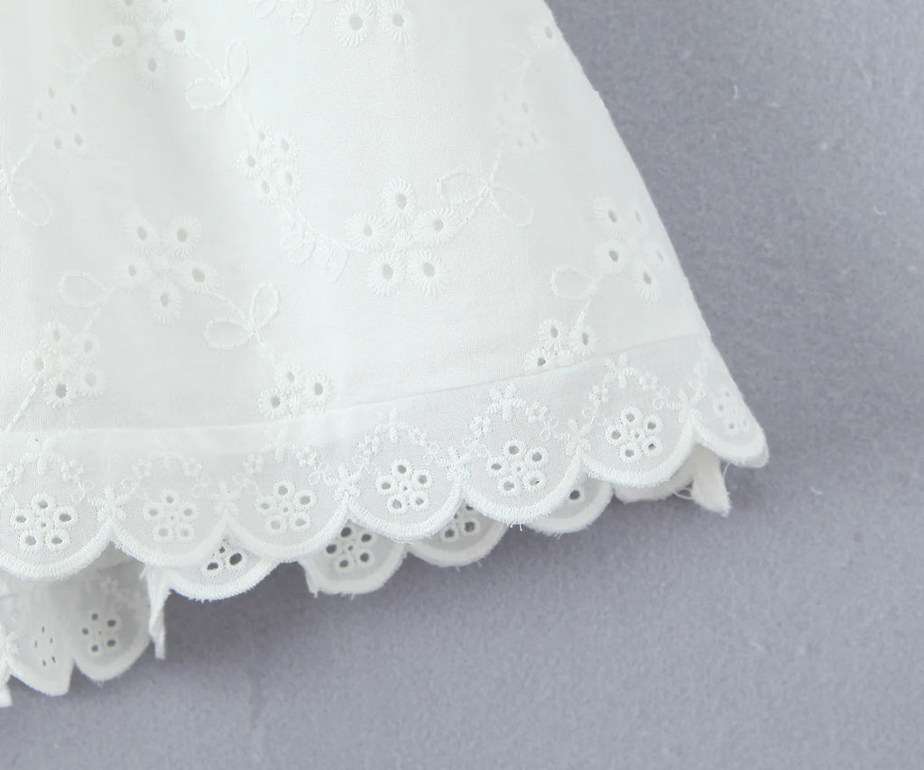 White Embroidered Lace V Neck Mini Dress With Hollow Out Detail And Back Zipper Closure