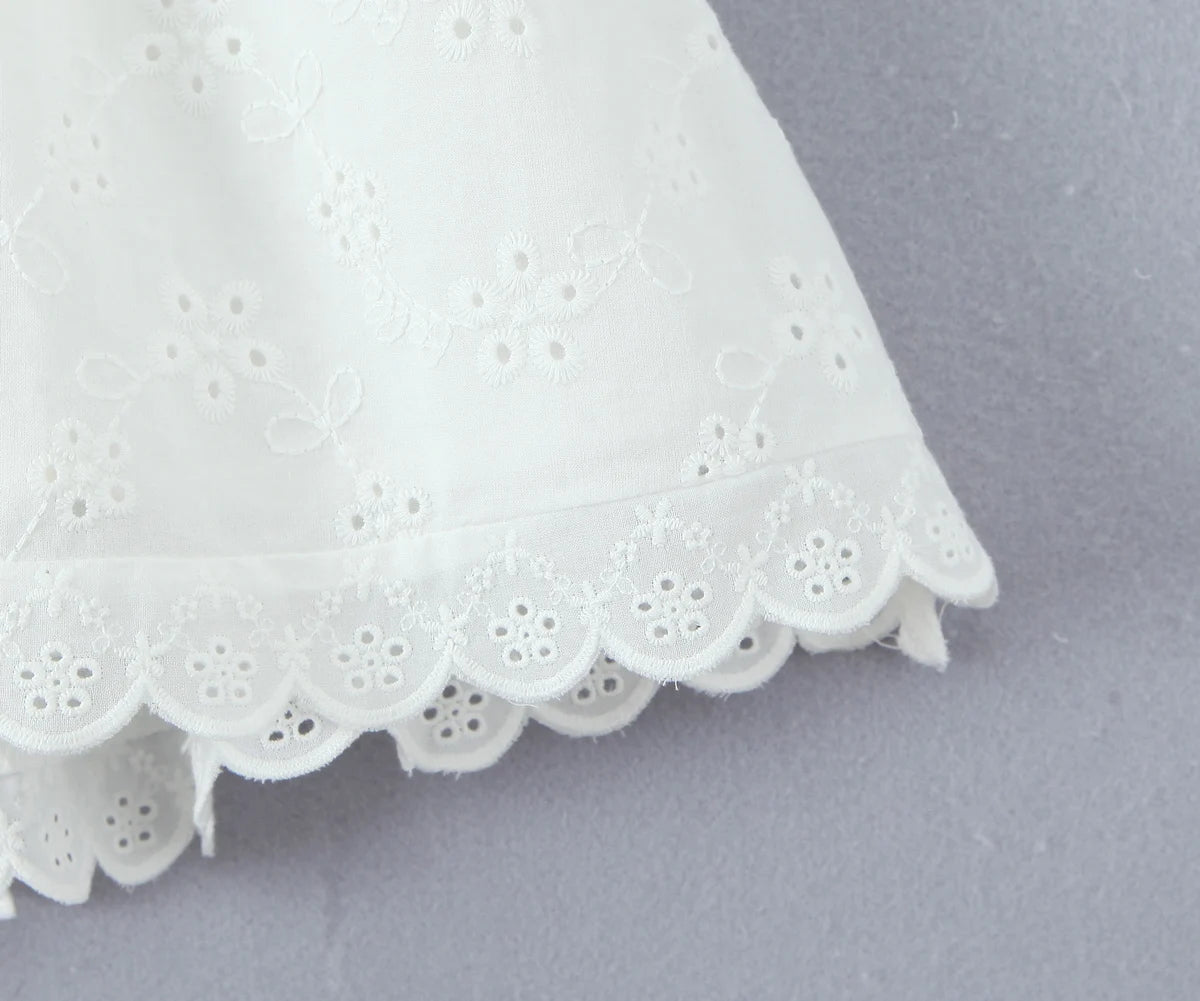 White Embroidered Lace V Neck Mini Dress With Hollow Out Detail And Back Zipper Closure
