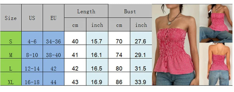 Retro Gingham Crop Top In Plaid Strapless Sleeveless Cami With Ruffle Hem