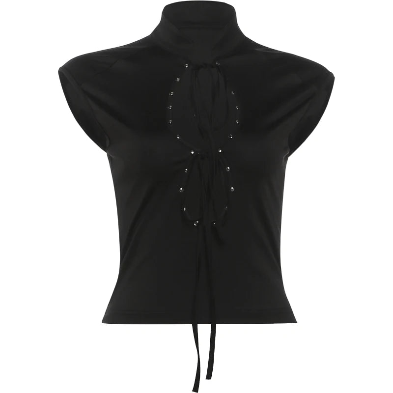 Rivets Decoration Top Stand Collar Navel Exposed Bandage Look Edgy Chic High Street Fashion