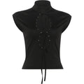Rivets Decoration Top Stand Collar Navel Exposed Bandage Look Edgy Chic High Street Fashion