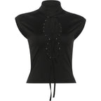 Rivets Decoration Top Stand Collar Navel Exposed Bandage Look Edgy Chic High Street Fashion