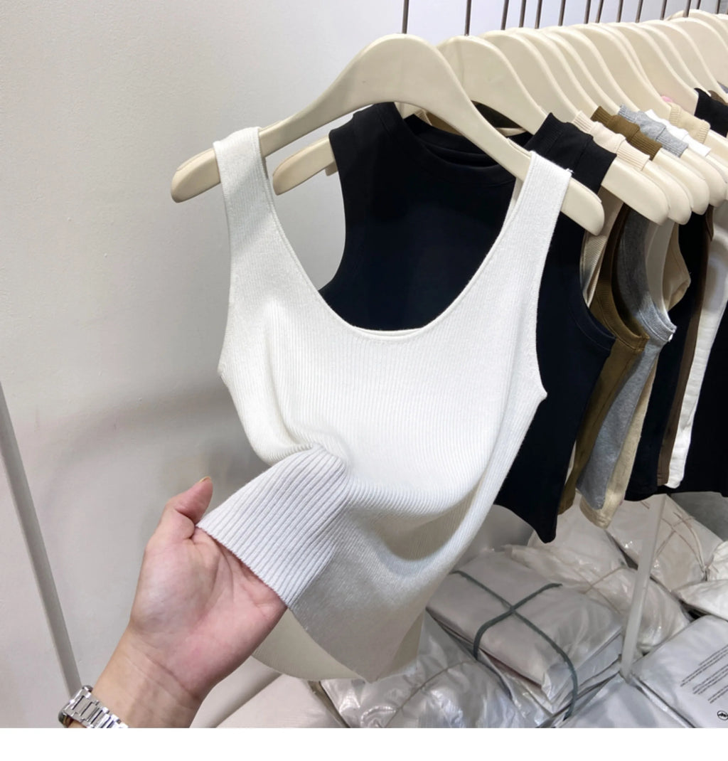 Knitted Strap Top With Clavicle Square Collar