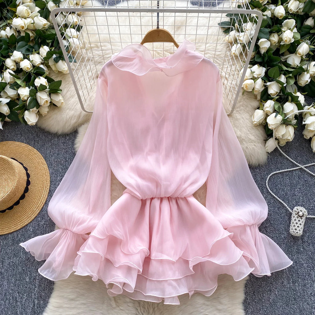 Boho 3D Floral Chiffon Sundress With Long Sleeves Lace Up Ruffle Detail