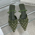 Satin Butterfly Polka Dot Pointed Toe Mules For Women Low Heel Pumps