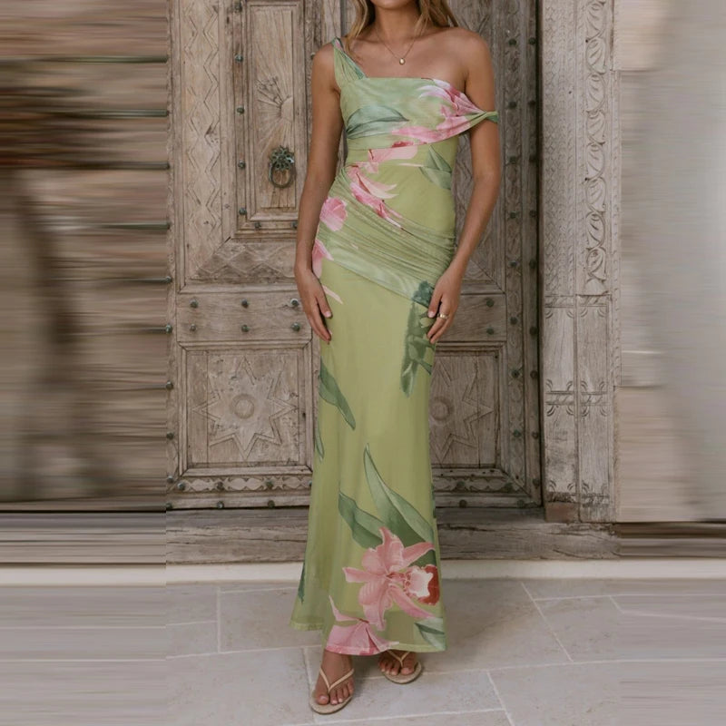 Elegant Floral Mesh Maxi Dress Sleeveless With Slash Collar