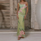 Elegant Floral Mesh Maxi Dress Sleeveless With Slash Collar