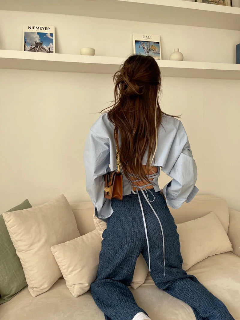 Backless Bandage Blouse With Turn Down Collar And Delicate Lace Up Details