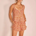 Floral Summer Two Piece Set With Frill Trim Square Neck Tank Top And Drawstring Ruffle Skirt