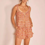 Floral Summer Two Piece Set With Frill Trim Square Neck Tank Top And Drawstring Ruffle Skirt