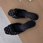 Satin Polka Dot Square Toe Sandals With Lightweight Low Heels