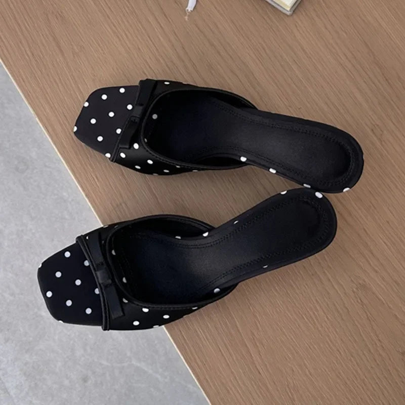 Satin Polka Dot Square Toe Sandals With Lightweight Low Heels