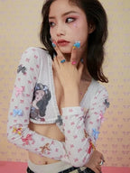 Playful Y2K Cartoon Cropped Tee With Bow Patchwork
