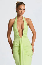 Deep V-Neck Backless Ruched Maxi Dress Halter Gown