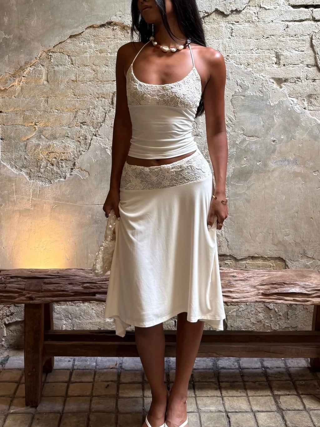 White Lace Patchwork Halter Set With Tank Top And A Line Skirt