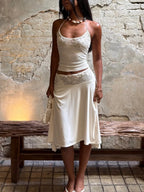 White Lace Patchwork Halter Set With Tank Top And A Line Skirt