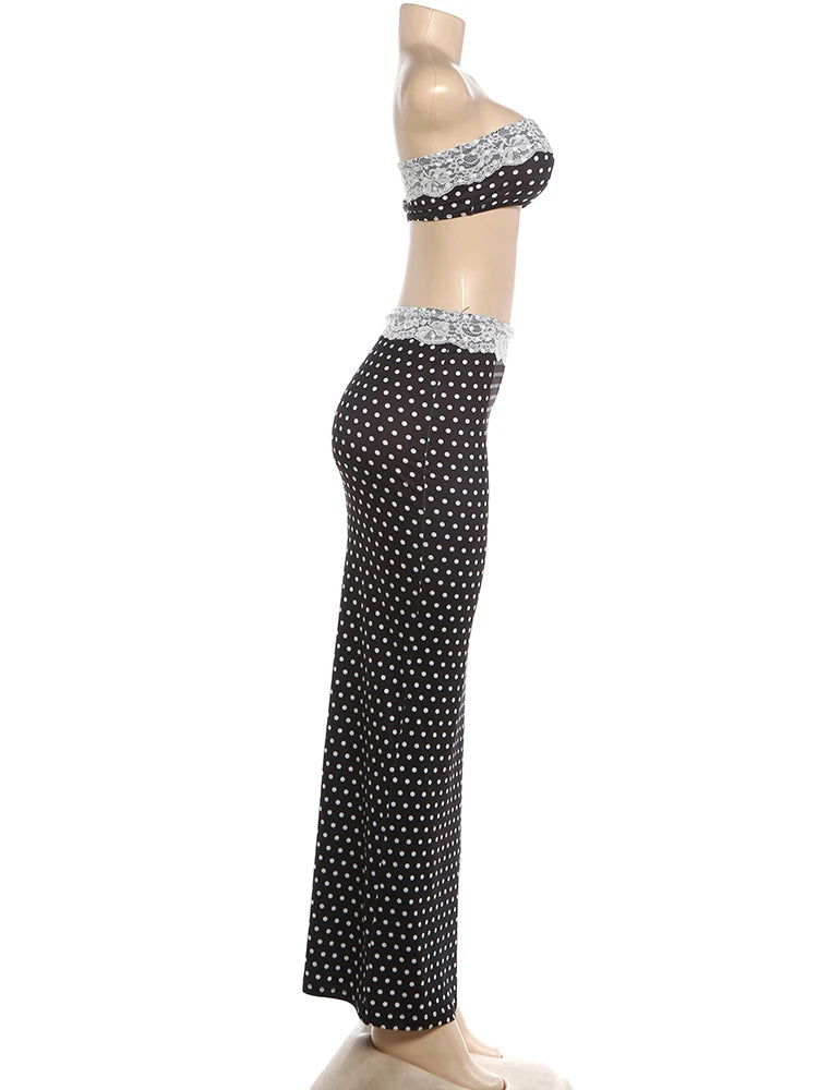 Black Lace Patchwork Two Piece Set With Backless Tube Top And Polka Dot Skirt