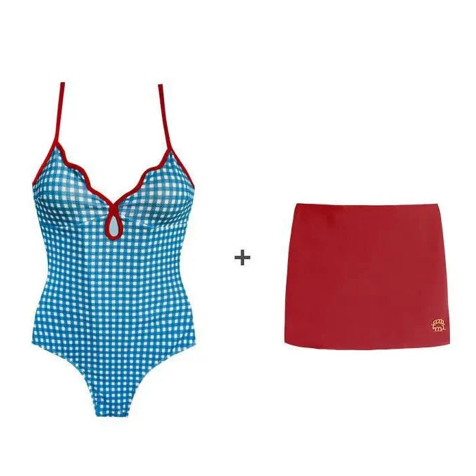 Women's Plaid One-Piece Swimsuit with Separate Two-Piece