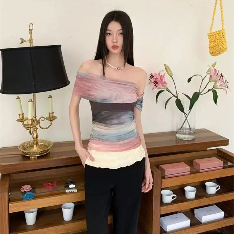 Bold Tie Dye Mesh Crop Top With Slash Neck And Patchwork