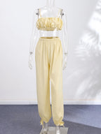 Women's Trousers 2 Pcs Suits Pleated Spaghetti Strap Cropped Tube Tops Elastic Waist Lace Up Pants