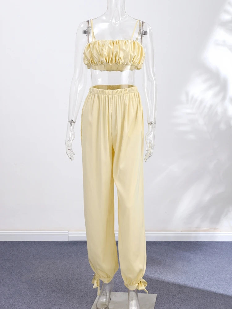 Women's Trousers 2 Pcs Suits Pleated Spaghetti Strap Cropped Tube Tops Elastic Waist Lace Up Pants