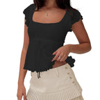 Jacquard Flower Top With Flying Sleeve Square Neck Bow Front Top