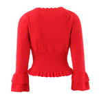 Hollow Crochet Knit Cropped Sweater in Beige and Red Long Sleeve Knit Top for Women