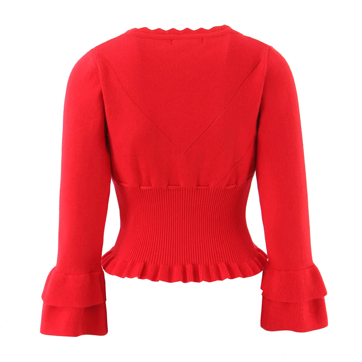 Hollow Crochet Knit Cropped Sweater in Beige and Red Long Sleeve Knit Top for Women
