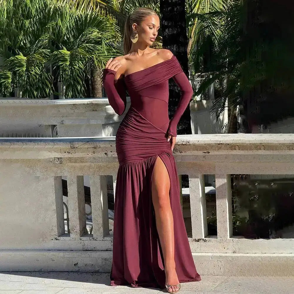 Off Shoulder Pleated Maxi Dress With Lace Patchwork
