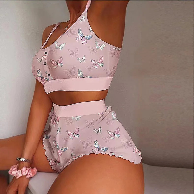 Two Piece Set Women's Pajama Shorts Suit Multiple Print Underwear Sexy Lingerie Camisoles