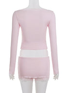 Y2K Hot Girl Lace Hem 2 Piece Set Fashion Bow Long Sleeve Crop Top & Bodycon Mini Skirt Matching Suits