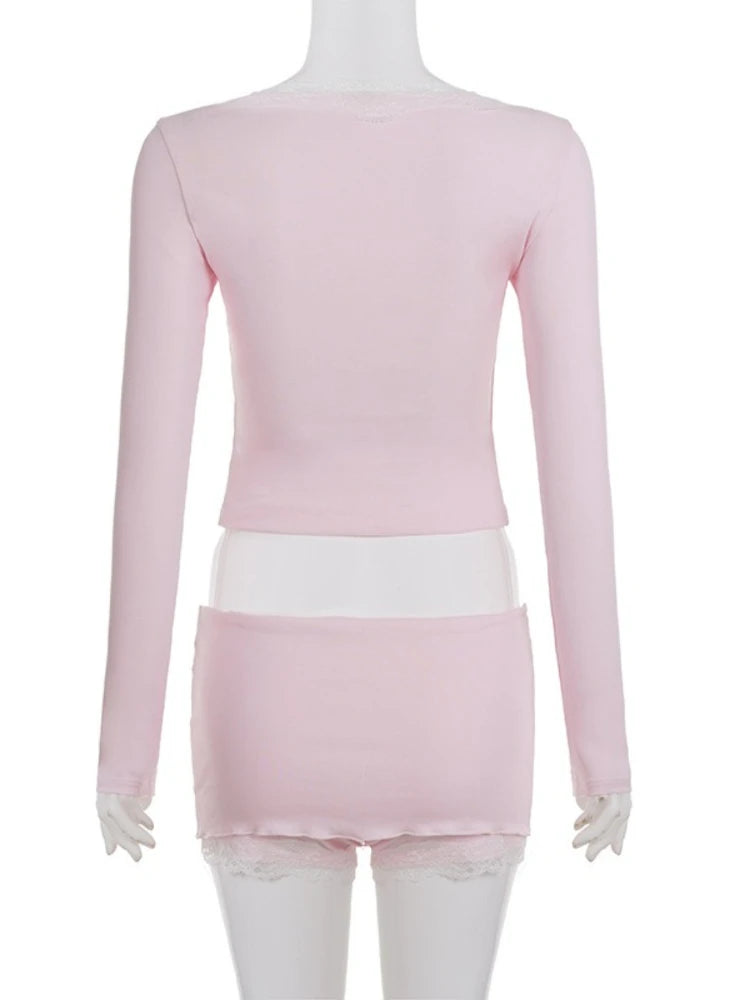 Y2K Hot Girl Lace Hem 2 Piece Set Fashion Bow Long Sleeve Crop Top & Bodycon Mini Skirt Matching Suits