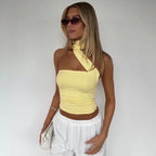 Elegant Halter Crop Top With Scarf Strap Ruched Slim Solid Design For Summer Streetwear