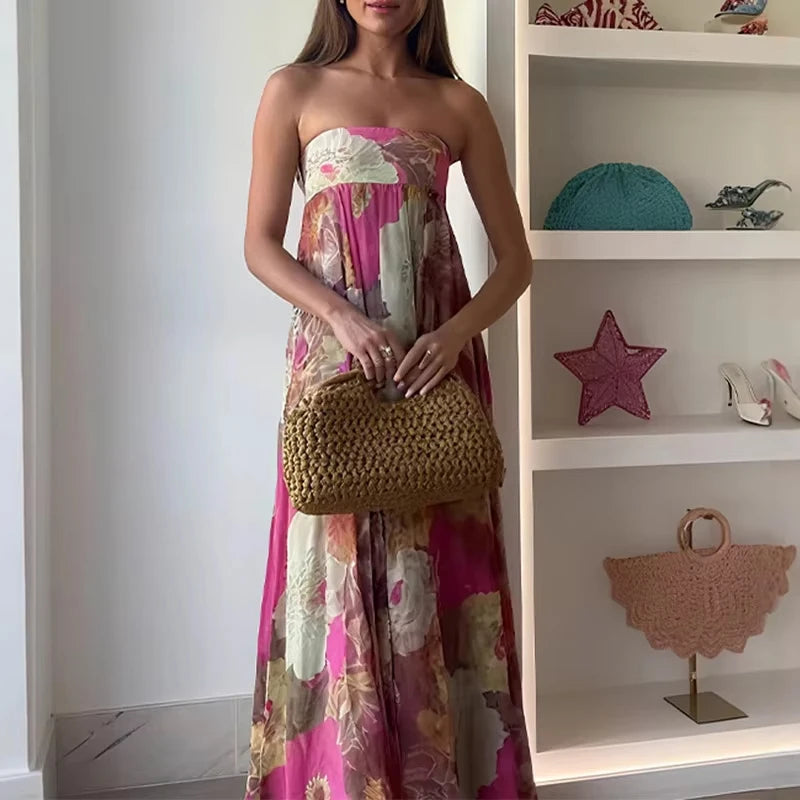 Off Shoulder Pleated Long Party Dress With Print