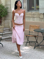 Delicate Lace Corset Cami And Midi Skirt Set Slim Fit Sleeveless Romantic Outfit