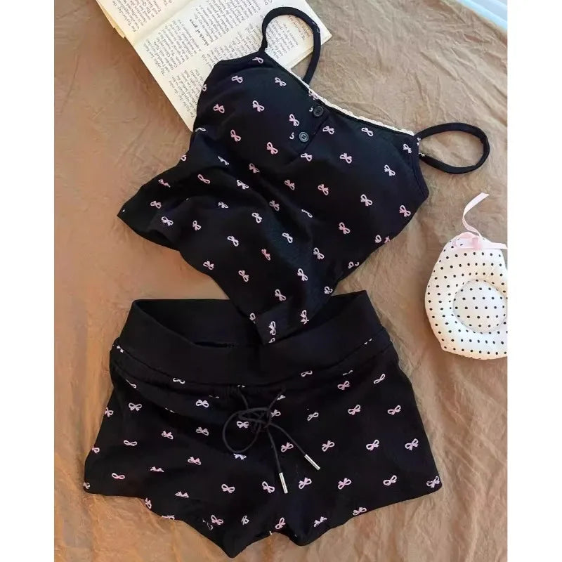Bow Pajamas Set For Women Two Piece Summer Sleepwear With Tank Top And Shorts Lounge Ensemble