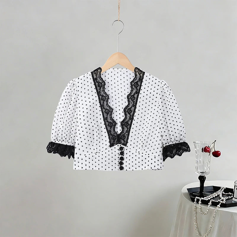 Polka Dot Chic Set With V Neck Crop Top And Ruffle Skirt