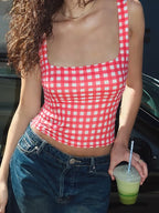 Square Collar Plaid Tank Top Sleeveless