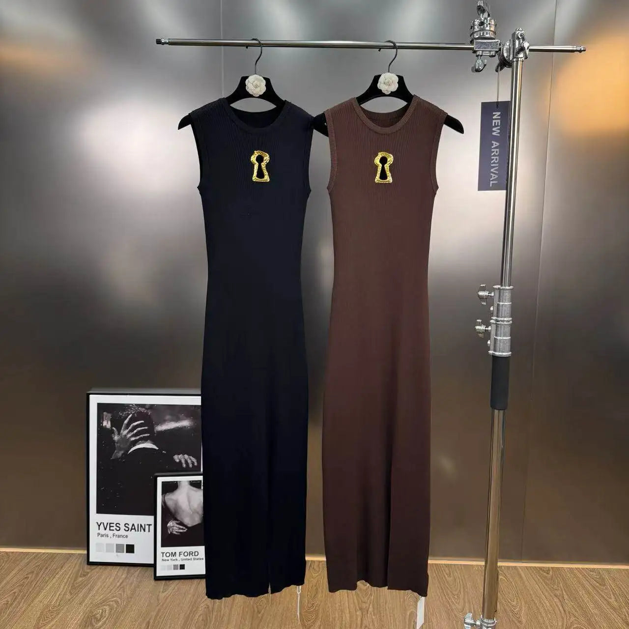 Hollow-Out Knit Vest Dress With Metal Buttons Sleeveless Slit