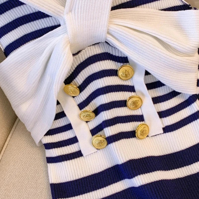 Blue White Striped Crisscross Halter Sundress With Gold Button Detail Stretch Knit Bodycon Mini
