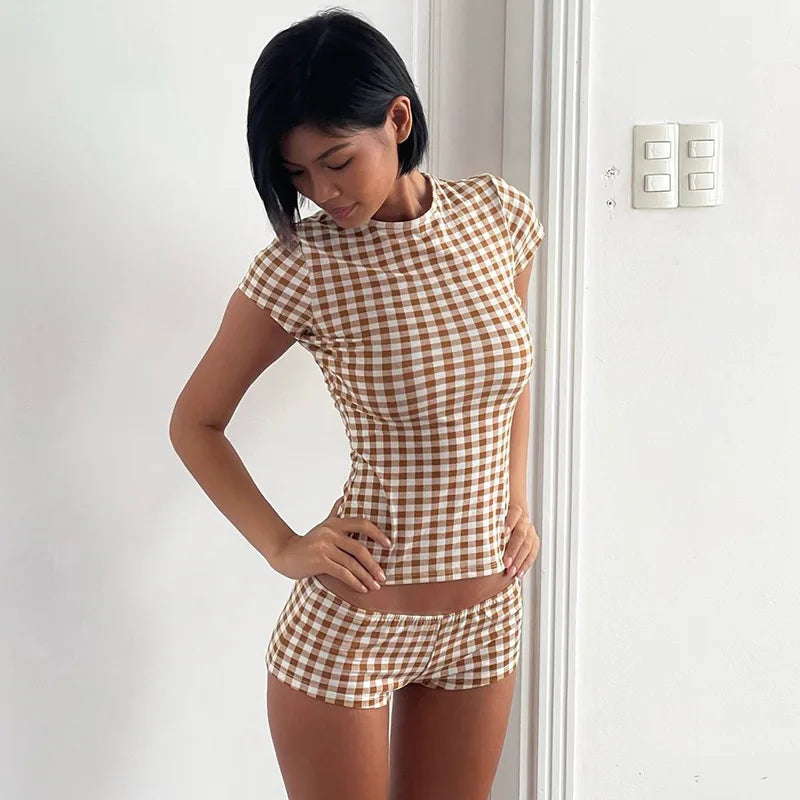 Summer Plaid Short Sleeve Pajama Set