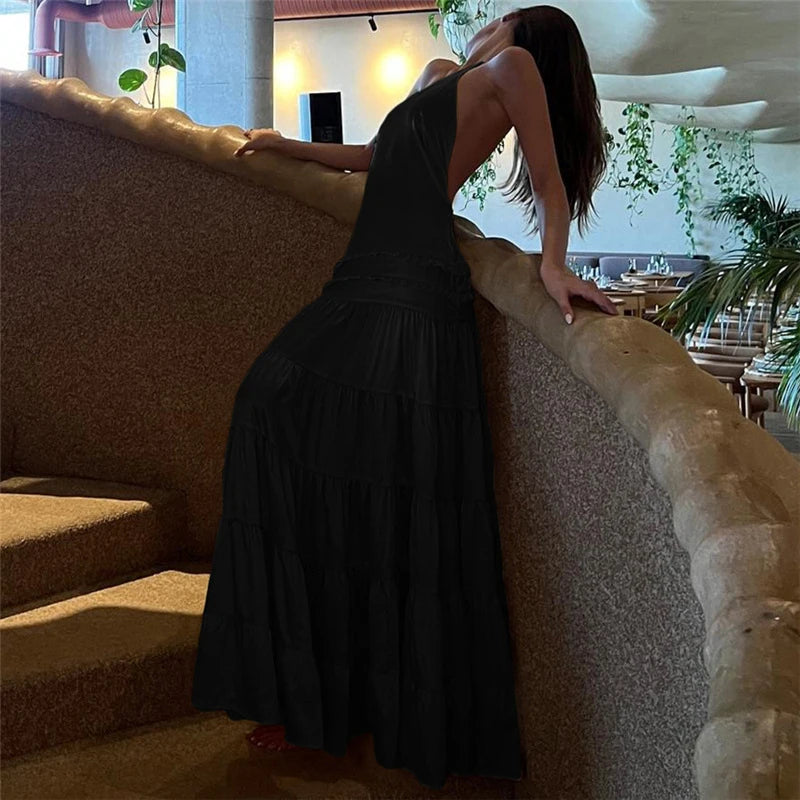 Off Shoulder Backless Evening Dress With Pleats And Ruffled Edges Diagonal Collar Floor Length