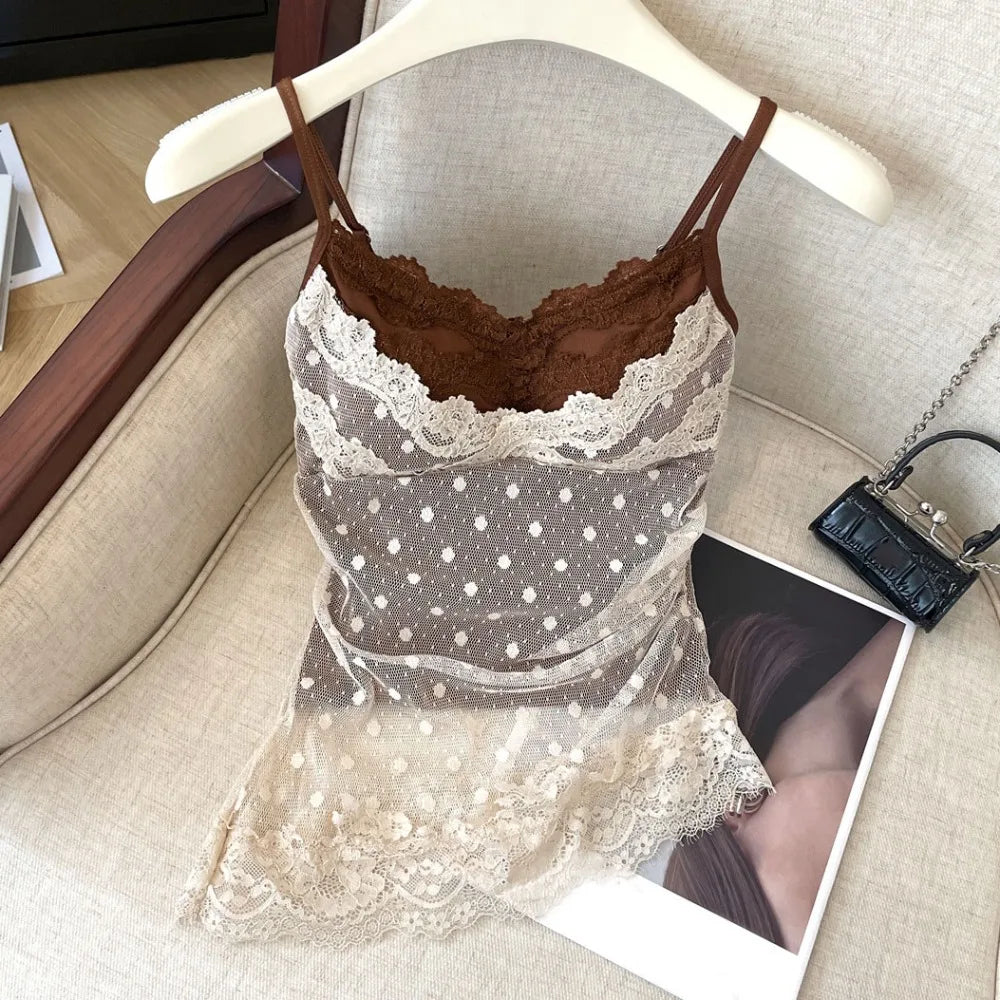 Lace Dots Wrapped Camisole With Pads Slim Fit Tank Top
