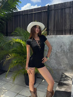 Sexy Lace Up Front Short Sleeve Playsuit In Knit Fabric Flirty One Piece Romper
