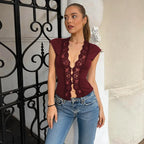 Flirty Lace Sheer V Neck Sleeveless Crop Top With Button Front Slim Fit